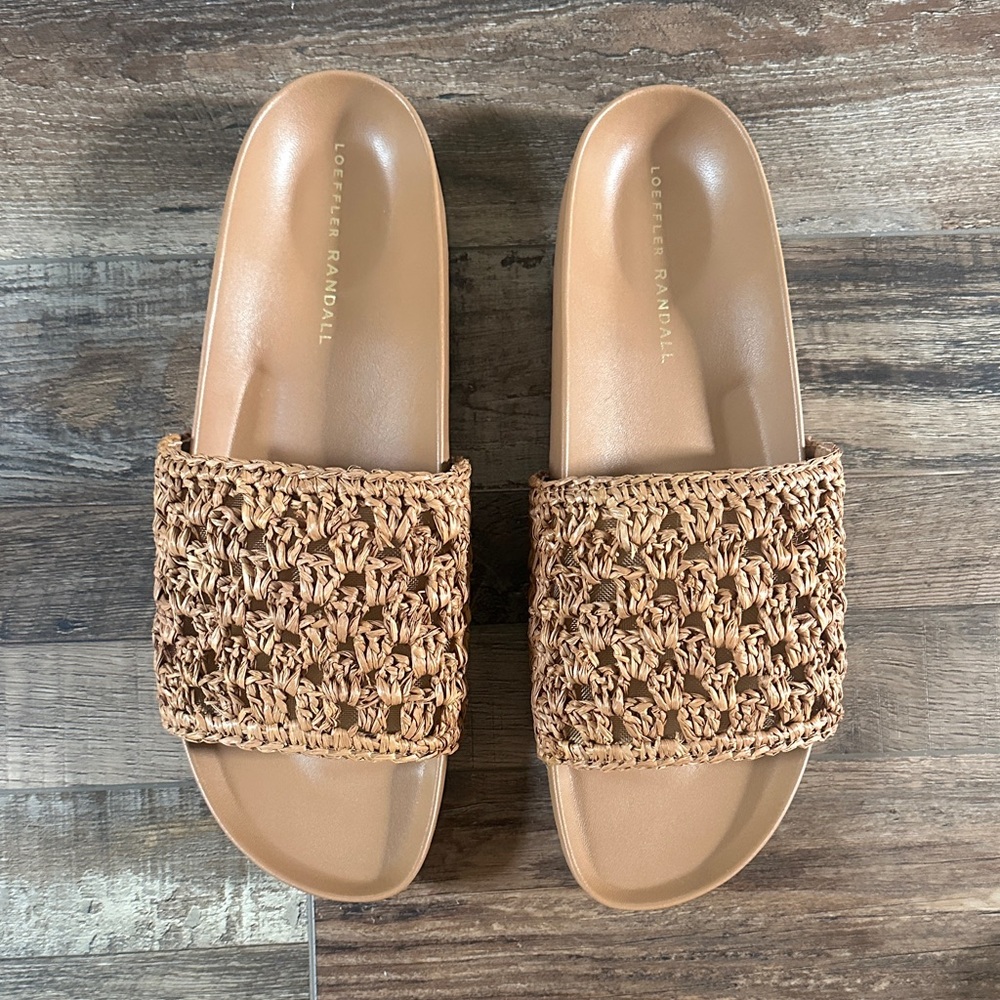 Loeffler Randall Tan Woven Raffia Slide Sandals